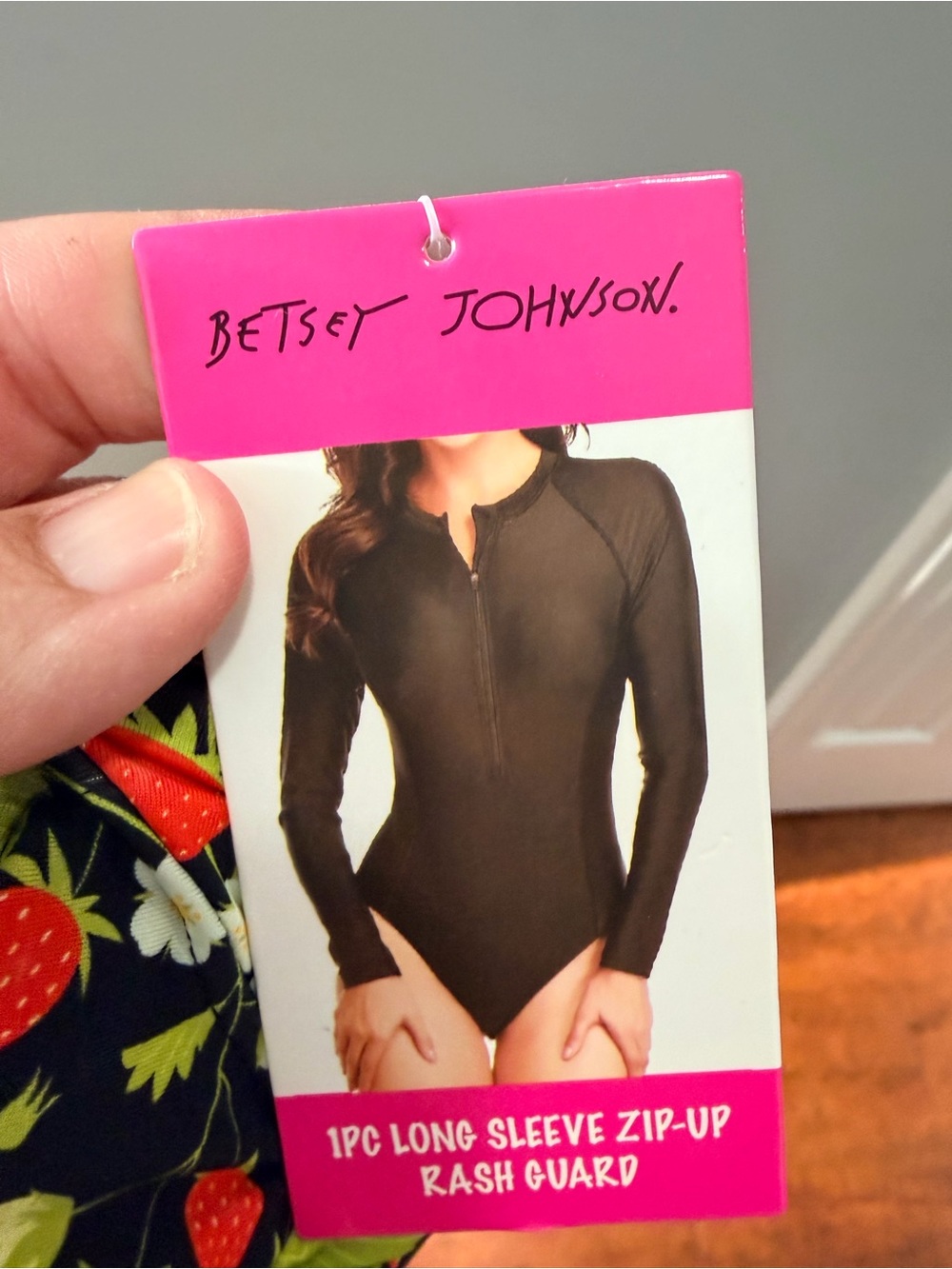 Betsy Johnson Black Strawberry Print Long Sleeve Zip Front Swimsuit - Picture 7 of 7